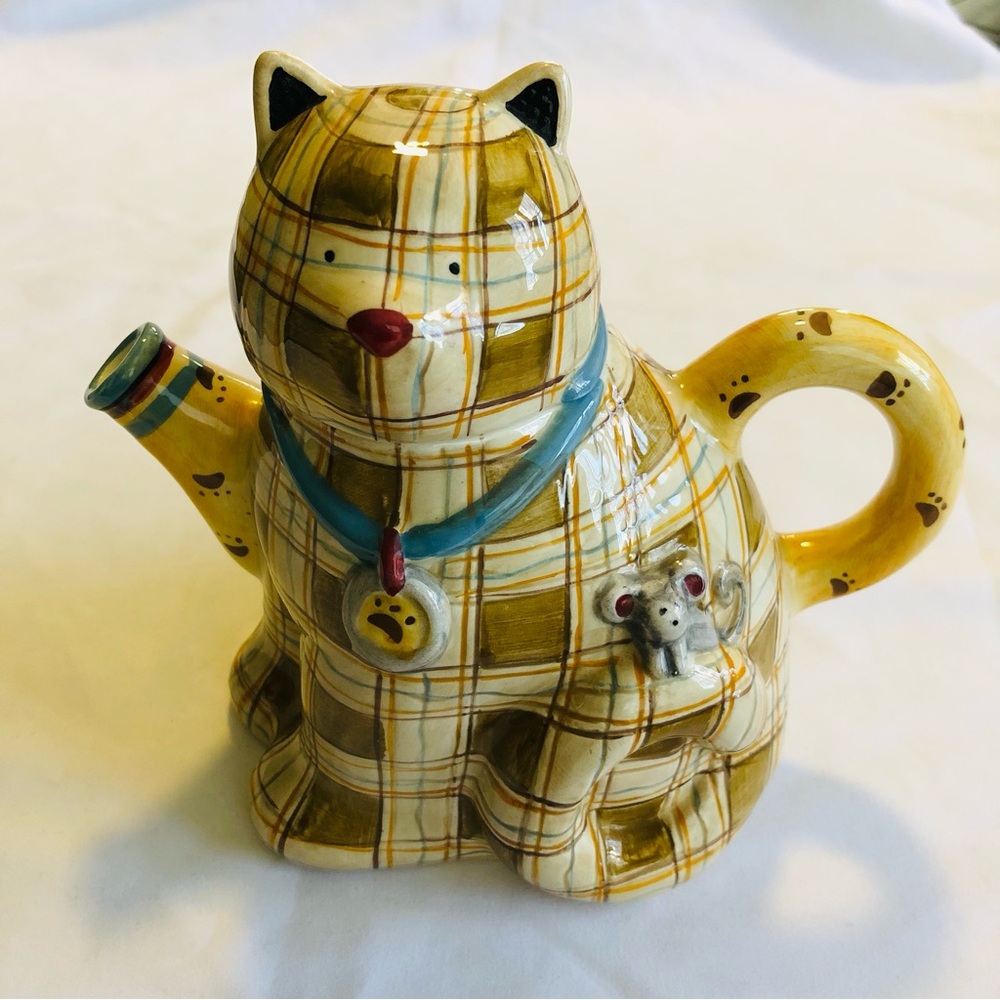Cat Teapot Plaid Cat Hand-painted Sakura by Debbie Mumm 6” tall